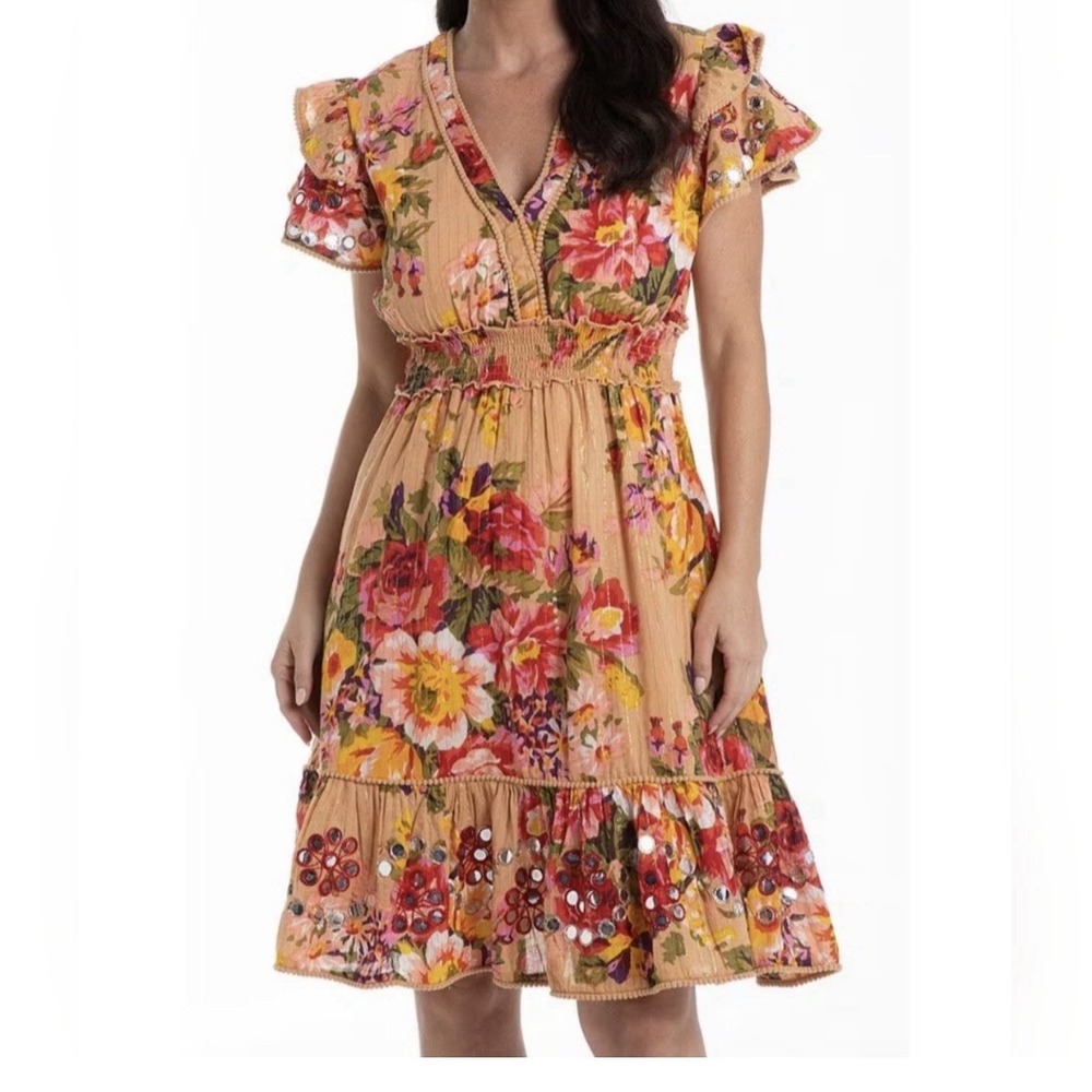 Talisman Floral Mini Dress Womens XS Orange Multi Mirror Embroidery Boho Lurex